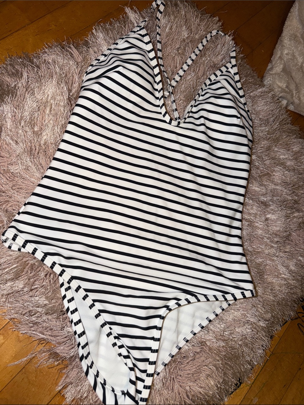 Vintage Black & White Striped V-Neck One-Piece Swimsuit